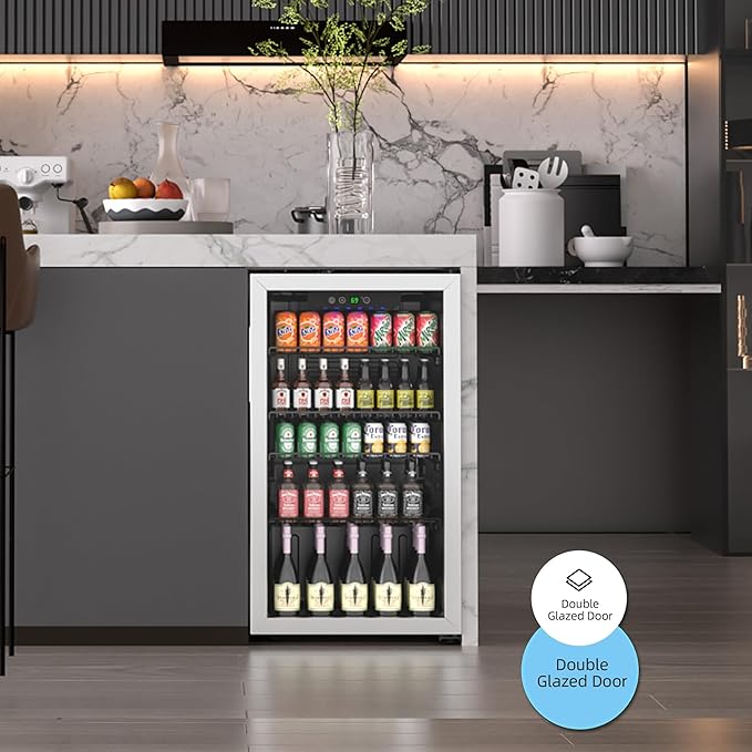 Compact Freestanding Beverage Refrigerator,126 Can/3.2 Cubic FeetMini Fridge with Reversible Glass Front Door for Soda, Beer, or Wine, Under Counter Drink Refrigerator with Adjustable Shelves