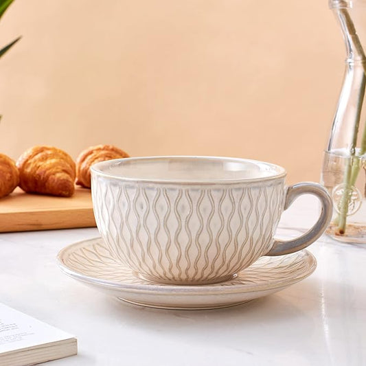 Vintage Design 12 oz Ceramic Latte Art Cappuccino Barista Cup with Saucer (Embossed Beige)
