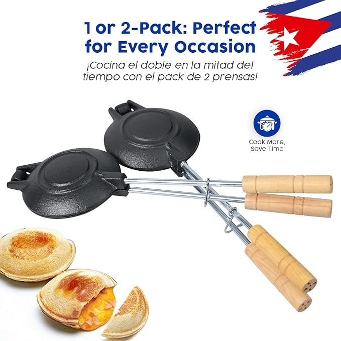 Disquera de Pan Cubano Redondo (1 Unit) – Cast Iron Cuban Sandwich Press for Disco Volador Para Sandwich – 15” Traditional Sandwich Maker with Wooden Handles