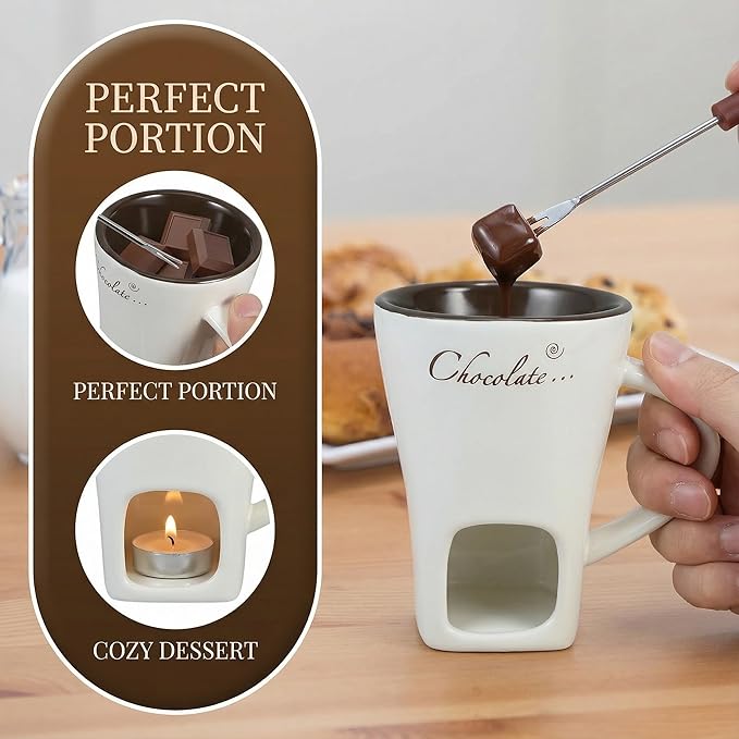 DECHOUS 2 Pack Fondue Pot Ceramic Chocolate Fondue Mug Set with 2 Forks Personal Fondue Mugs Melting Pot for Chocolate, Cheese, Butter, Suitable for Home Party Wedding