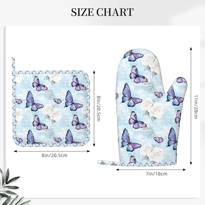 Oven Mitts and Pot Holders Blue Pastel Butterfly Flower Rose Silicone Kitchen Accessories Set of 4 Heat Resistant Long Gloves Potholder Non-Slip Grip for Chef Cooking Baking Grilling BBQ