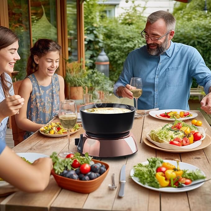 Artestia Swiss Design 2-QT Electric Fondue Pot for Cheese, 1500W Ceramic Chocolate Melting Pot with Adjustable Temperature, 6 Fondue Forks, White Ceramic Pot with Rose-Gold Base (Black)