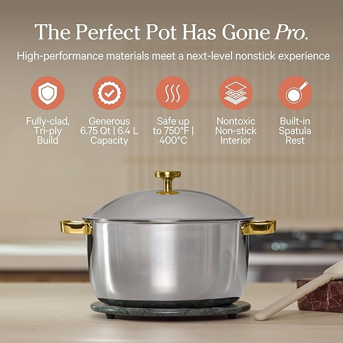 Our Place Titanium Perfect Pot Pro | 6.75 Qt Stock Pot with Lid & Silicone Spoon | PFAS-Free Nonstick, Fully-Clad Tri-Ply Stainless Steel & Aluminum | Induction & Oven-Safe up to 750°F | Gold