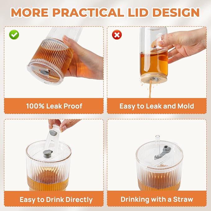 4 Pack 20 Oz Glass Cups with Lids and Straws Iced Coffee Cups Vintage Ribbed Glassware for Beer Ice Coffee Fruit Juice Elegant Aesthetic Cup Glass Iced Coffee Tumbler Include 2 Cleaning Brushes