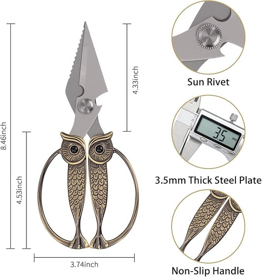WARMHEART Owl Kitchen Scissors All Purpose, Stainless Steel Heavy Duty Sharp Shears for Meat, Chicken, Fish, Poultry, Herb, Bread (Pearl, Large)