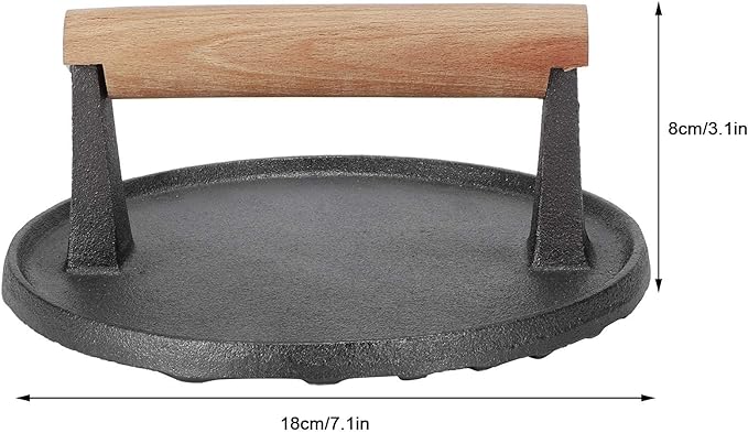 Cast Iron Grill Press, 7.1x7.1x3.1 Inch Round Bacon Press with Wooden Handle for Grill Tools BBQ Tools