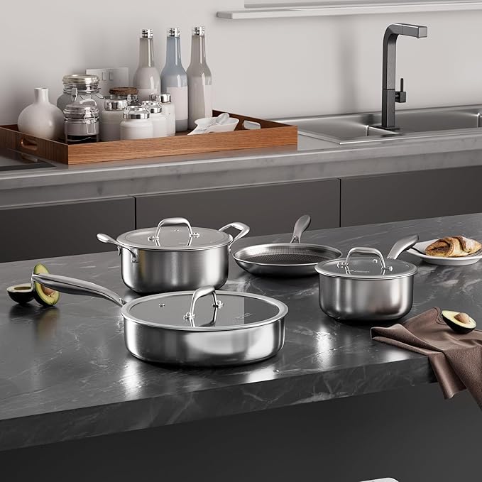 COOKER KING 7 PCS Stainless Steel Cookware Set, Pots and Pans Set Non Stick, Hybrid Ceramic Cookware,Non-Stick Frying Pan, Saucepan, Saute Pan & Stockpot, Non-Toxic, Oven Safe, Induction Compatible