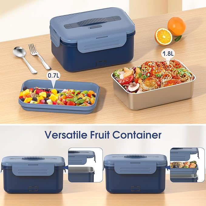 Electric Lunch Box Food Heater, 1.8L Portable Food Warmer 100W Leakproof Heated Lunch Box for Adults Car/Truck/Office with Fork Spoon Carry Bag, 12V/24V/110V