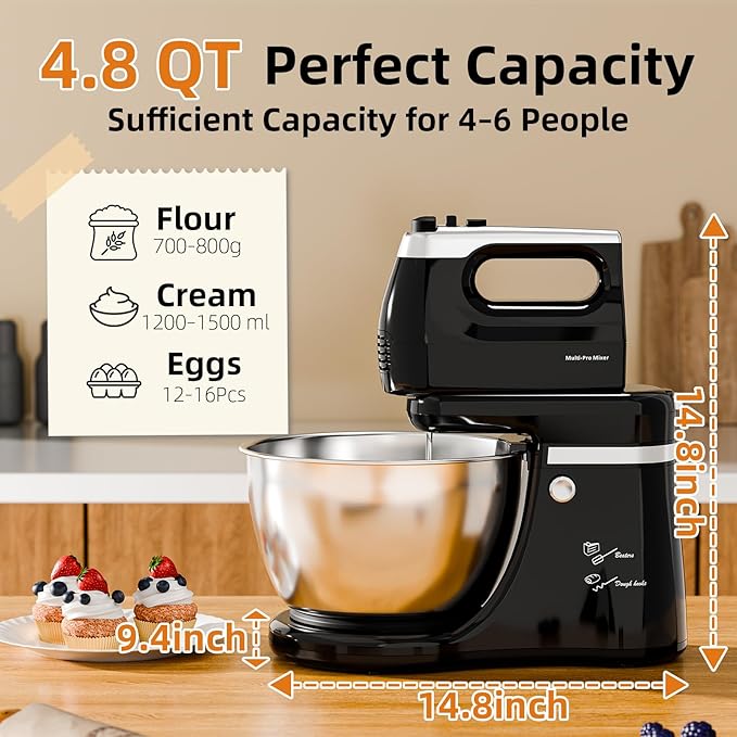 Stand Mixer Hand Mixer Kitchen Electric - 2-IN-1 4.8 QT Auto-Rotating Bowl & Beater Tilt-Head Standing Mixer, 250 Watt 5-Speed with Turbo Boost Household Mixer with Beaters & Dough Hooks for Baking