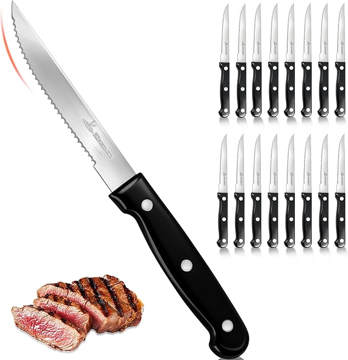 Upgraded Steak Knives Set of 16, Uncoated Stainless Steel Serrated Steak Knife Set, 4.5 Inch Steak Knife with Ergonomic Handle and Sharp Blades, Dishwasher Safe Dinner Knives for Kitchen, Restaurant