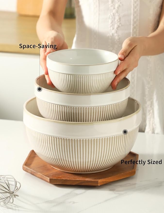 Large Ceramic Mixing Bowls, Yellow Kitchen Bowl (10"/8"/6"), Set of 3 Nesting Bowls for Baking, Cooking, Serving, Prepping, Dough Kneading, Microwave and Dishwasher Safe
