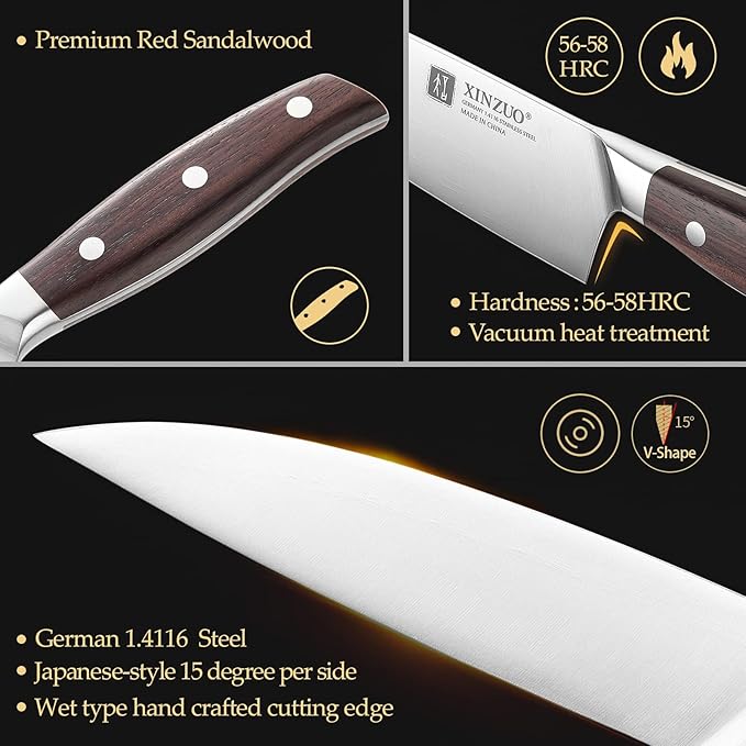XINZUO 8 Inch Chef Knife,German Stainless Steel, Professional Kitchen Cutting Knife, Ultra Sharp Cooking Knife with Red Sandalwood Handle
