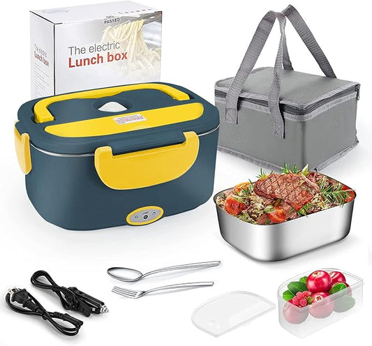 [ 2025 Upgrade]Electric Lunch Box 1.5L Food Heater, Portable 60W Food Warmer for Car and Home, with Detachable 304 Stainless Steel Container Fork and Spoon