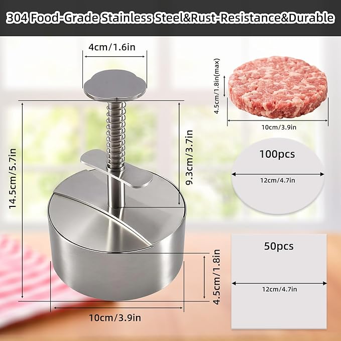 304 Stainless Steel Burger Press, Heavy Duty Adjustable Hamburger Meat Press Maker, Non-Stick Stuffed Patty Molds with150 PCS Hamburger Patty Paper for Beef, Vegetables, Meat, BBQ, Party Grill