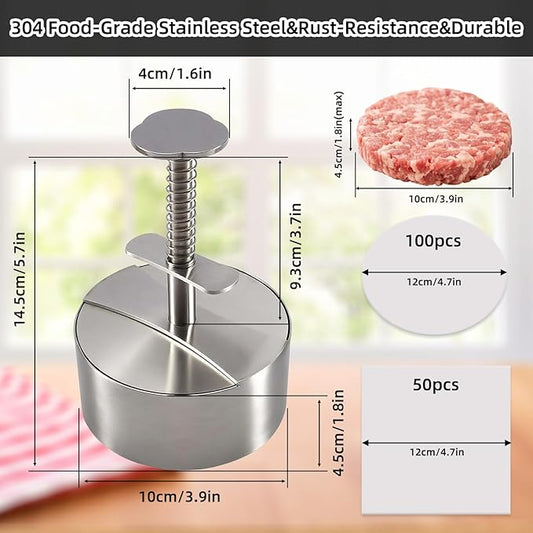 304 Stainless Steel Burger Press, Heavy Duty Adjustable Hamburger Meat Press Maker, Non-Stick Stuffed Patty Molds with150 PCS Hamburger Patty Paper for Beef, Vegetables, Meat, BBQ, Party Grill