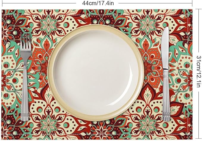 Mandala Placemats Set of 4 Vintage Bohemia Brown Turquoise Flower Art Printed Dining Table Mats for Restaurant Home Kitchen Holiday Picnic Party Decor 12x18in