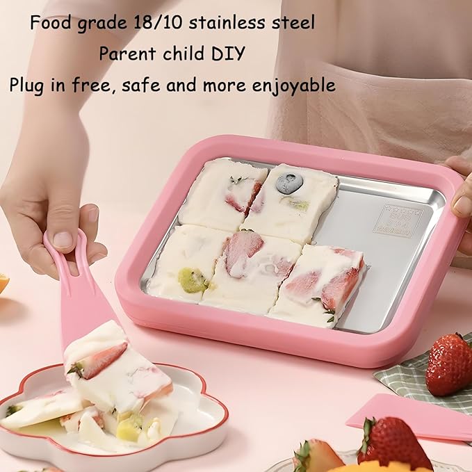 Rolled Ice Cream Maker,Parent Child Homemade Instant Frozen Yogurt Maker,with 2 Spatulas,Plug In Free,Food-Grade 304 Stainless Steel,Safer for Children To Use(Pink, (8.9in*6.9in*1.6in))