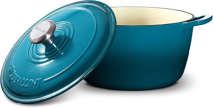 ROSSALLINI Signature Enameled Cast Iron Dutch Oven, Non-Stick Serving Pot with Tight Fitting Lid for Perfect Roasting, Baking, Sauteing, and Bread Making | 2Q (1.9L) - Ocean Blue