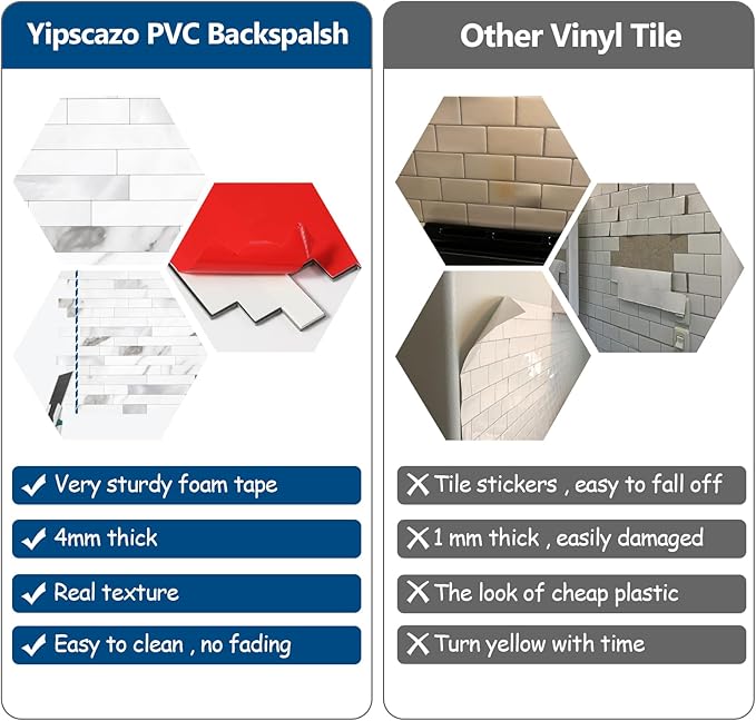 Yipscazo 2026 New Upgrade Peel and Stick Stone Metal Backsplash, PVC Wall Tiles Stick on Tiles for Backsplash Kitchen, Bathroom, Fireplace (40 Sheets, Marble White)