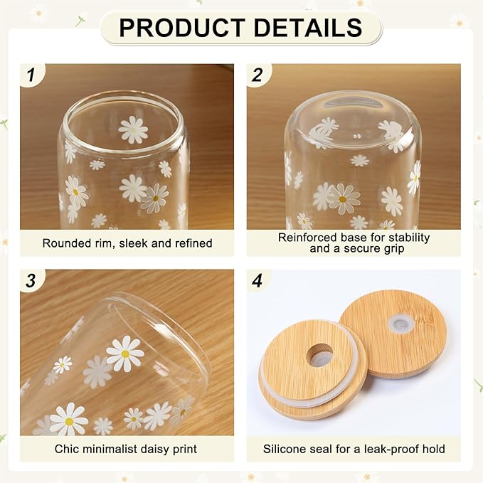Cute Glass Cups with Lids and Straws, Teen Girl Birthday Gifts Daisy Iced Coffee Cup, Beige Aesthetic Mug Tumbler for Birthday Mothers Day Christmas Valentines Coffee Lover 16oz