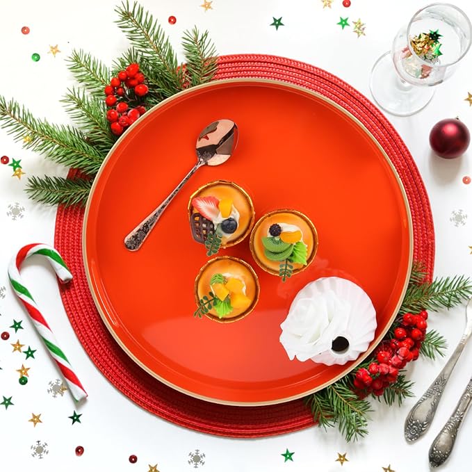 Sturdy Acrylic Serving Tray with Handles-13Inch, Morden Plastic Round Serving Tray for Coffee Table Bathroom, Ottoman, Home Decor (Round - Pink) (Orange, 13" x 13" x 1.4")