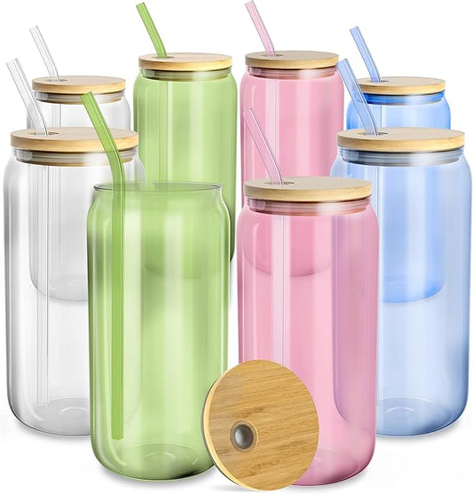 fullstar Glass Tumblers with Lids and Straws – Reusable Iced Coffee Cups with Bamboo Lids (Multicolor, 8 Pack)