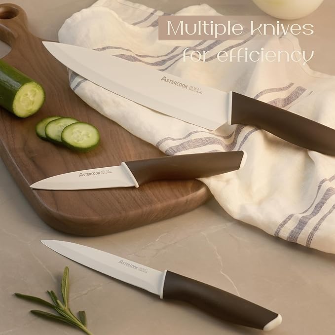 Astercook Knife Set, Kitchen Knives with Block and Sharpener Ceramic Coating 15 Pcs German Stainless Steel Knives Sharp Blade Dishwasher Safe Deba Knives with Ergonomic Handle, Elegant Black