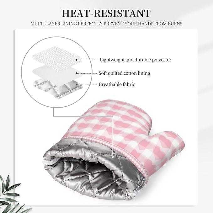 Oven Mitts and Pot Holders Pink Plaid Heart Pattern Silicone Kitchen Accessories Set of 4 Heat Resistant Long Gloves Potholder Non-Slip Grip for Chef Cooking Baking Grilling BBQ