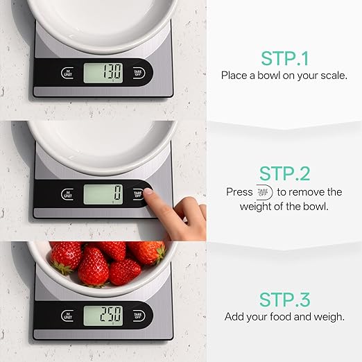 5kg/11lb Food Scale， Digital Kitchen Scale Weight Grams and Ounces for Baking Cooking Coffee Package Postage， Auto-Off Setting， LCD Display， Stainless Steel and Tempered Glass