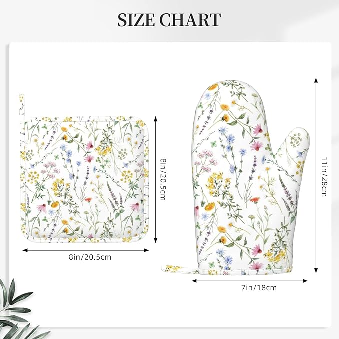 Wildflower Herbs Silicone Oven Mitts and Pot Holders Sets Plant Floral Retro Rustic Flower Blossom Farm Leaves Botanical Kitchen Mitts Potholder Kitchen Accessories for Cooking Baking BBQ