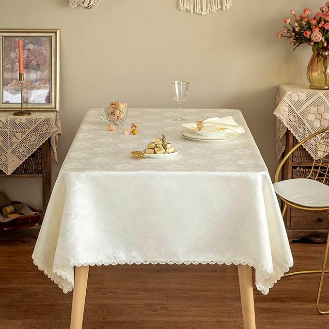 Textured Tablecloth Waterproof Spillproof Lace Trim Rectangle Jacquard Fabric Table Cloth, Kitchen Dinning Tabletop Decoration, Round Table Cover for Outdoor Use 60x102 Inch, Ivory White