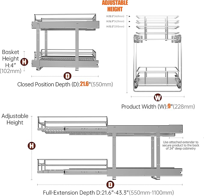 2-Tier Individual Cabinet Pull Out Shelves (9" W x 22" D), Slide Out Kitchen Panty Narrow Cabinet Storage Sliding Shelves