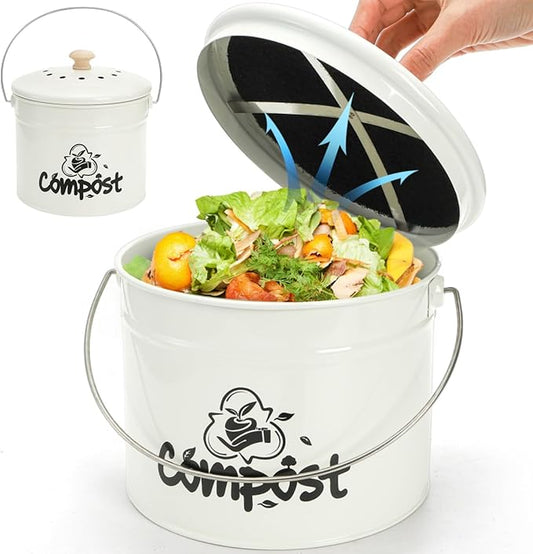 Small Kitchen Compost Bin, 1 Gallon Odorless Composter Container, Food Waste Bucket with Charcoal Filter Lid, Indoor Farmhouse Composting Pail Canister for Trash Scraps, Carrying Handle