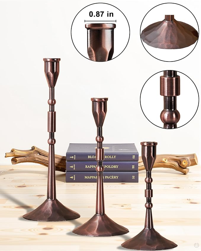 Vintage Taper Candle Holders Set | Handmade 3-Piece Candlestick Decor for Table Centerpiece, Farmhouse Kitchen & Party Lighting (Reddish Bronze)
