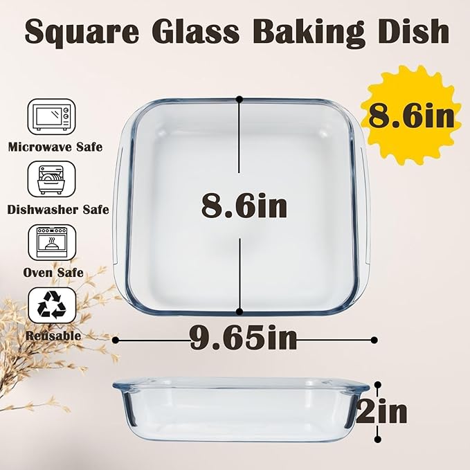 Small Glass Baking Dish for Oven, 8.6in Casserole Dishes for Oven, Square Glass Baking Pan