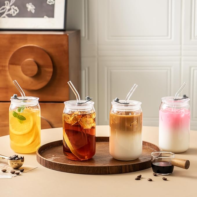 Leakproof Glass Cups with Plastic Lids and Straws, 16oz Iced Coffee Cup, Drinking Glasses Tumbler for Water, Boba Tea, Smoothie - 8pcs
