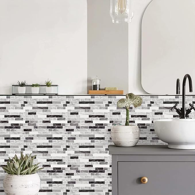 STICKGOO Thicker Design Peel and Stick Tile Backsplash, 12”×12”Stick on Backsplash for Kitchen, Self Adhesive Tile for Kitchen Backsplash and Bathroom(10 Sheets, Carrara Grey)