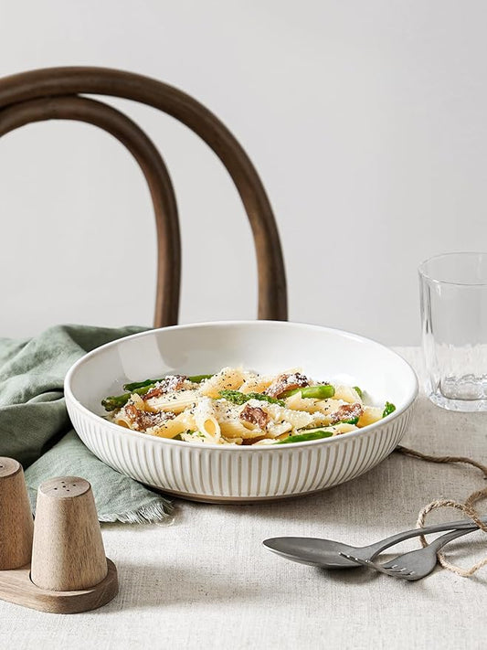 LE TAUCI Pasta Bowls 46oz, Large Salad Bowl, Ceramic Embossment Stoneware Serving Plate for Fruits, Noodle, Dinner, House-warming Wedding Present - 9 Inch, Set of 4, Arctic White