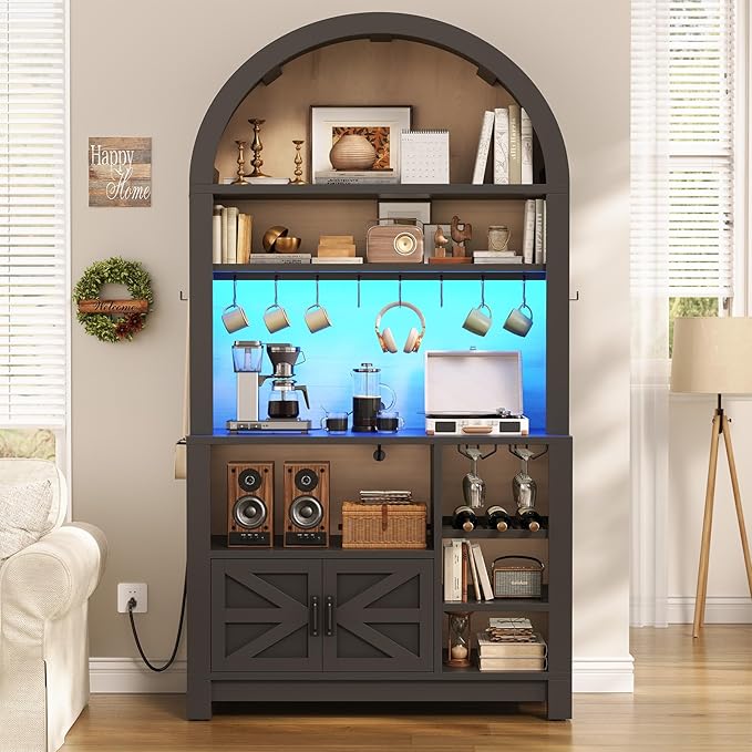 Itaar 73" Tall Arched Bakers Rack with Power Outlet and LED Light, Farmhouse Coffee Bar Cabinet, Kitchen Microwave Stand with Storage for Kitchen, Dining Room, Living Room, Black