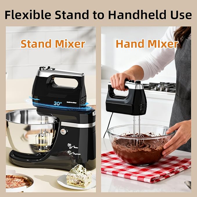 Stand Mixer Hand Mixer Kitchen Electric - 2-IN-1 4.8 QT Auto-Rotating Bowl & Beater Tilt-Head Standing Mixer, 250 Watt 5-Speed with Turbo Boost Household Mixer with Beaters & Dough Hooks for Baking