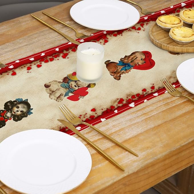 Vintage Valentine's Day Table Runner Valentines Decorations - Red Love Vintage Style Boys and Girls Valentines Day Anniversary Home Kitchen Dining Table Decor, Valentines Party Decor 13 x 72 Inch