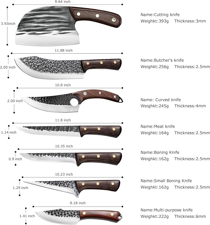 ZENG 8 Pieces Butcher Knife Set with Roll Bag, Chef Knife Set for Meat Cleaver Cutting & Viking Knives with Ergonomic Handles, Stainless Steel Hand Forged Kitchen Knife Set for Home, Cooking, Camping