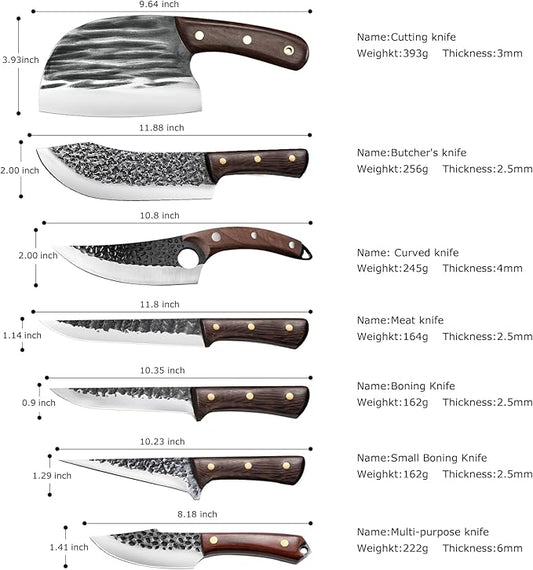 ZENG 8 Pieces Butcher Knife Set with Roll Bag, Chef Knife Set for Meat Cleaver Cutting & Viking Knives with Ergonomic Handles, Stainless Steel Hand Forged Kitchen Knife Set for Home, Cooking, Camping