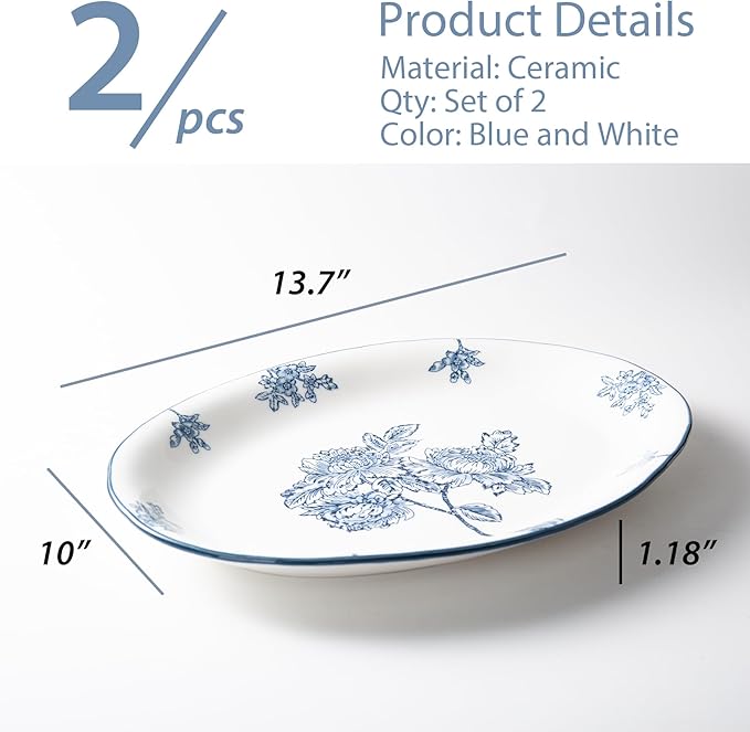 Ceramic Serving Platter, 13.7 Inch Large Oval Serving Trays, Dinner Plates, Dish Set for Dessert Appetizers Meat/Entertaining/Party, Blue and White, Set of 2