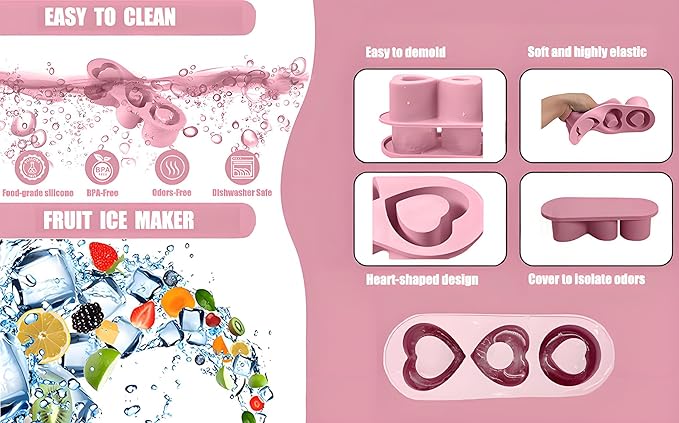 Valentine's Day Ice Cube Tray for Stanley Cup 20 30 40 OZ Heart Shape Silicone Ice Cube Tray with Lid, Stanley Cup Accessories Ice Mold for Owala Water Bottle Tumbler Ice Mold (20-30 OZ, Pink)