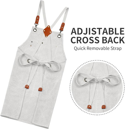 ZOMAO White Chef Aprons for Men Women with Large Pockets,Cotton Canvas Cross Back Apron,Kitchen Cooking Baking Bib Heavy Duty Adjustable Work Apron