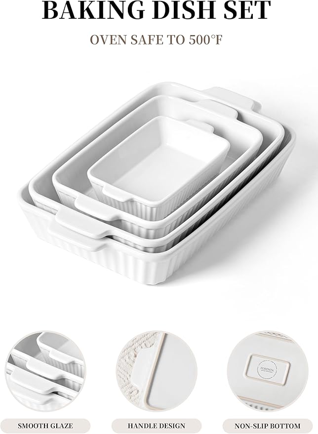Casserole Dishes for Oven - Ceramic Bakeware Sets of 4, Rectangular Baking Deep Dishes with Handles, Lasagna Pans for Kitchen Cooking & Housewarming, White