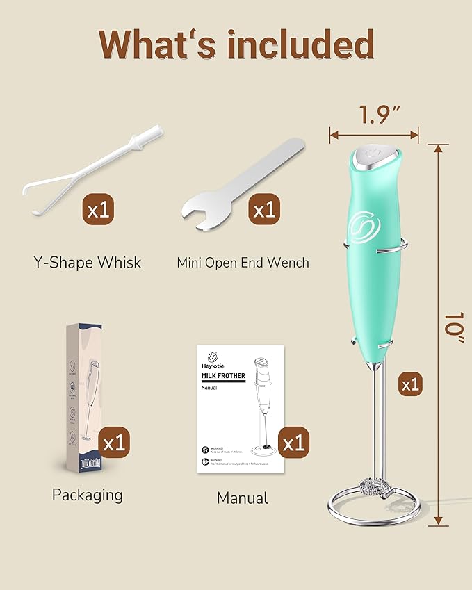 HeyLotie Milk Frother With Stand Handheld Frother Wand Drink Mixer Handheld Coffee Stirrers Electric Frother for Coffee Mixer Wand with 2 Whisk frother for protein powder-Aqua