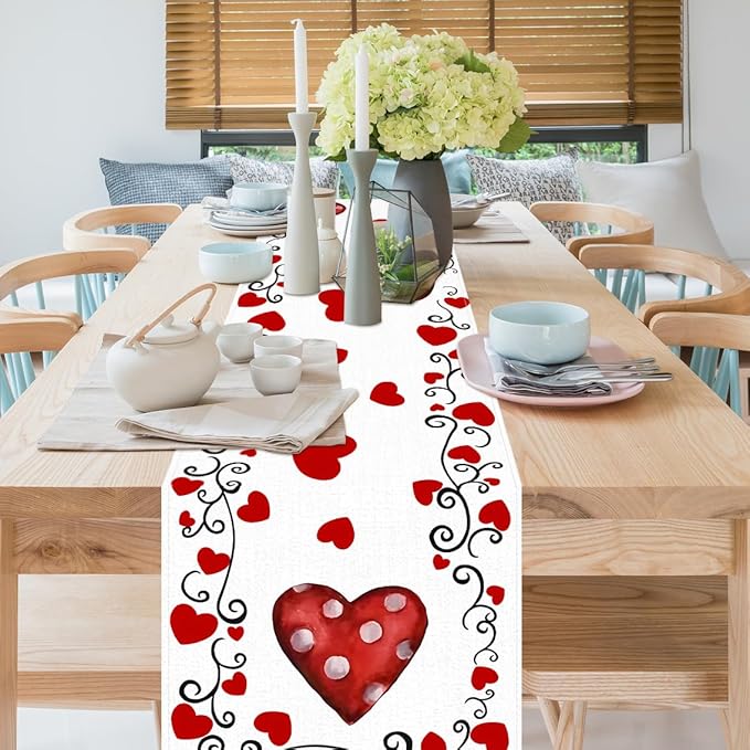Valentine's Day Table Runner Linen Red Love Heart Table Runner Heart Floral Cloth Dresser Scarves Polka Dots, for Valentines Holiday Home Kitchen Dining Style Table Decoration (13*72 Inch)
