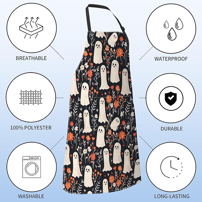 Cute Ghost Apron for Women with Floral,28x33in,Gothic Kitchen Aprons with 2 Pockets, Oxford Fabric, Goth Halloween Adjustable Apron for Cooking Baking Gardening Chef,Gifts for Mom Wife
